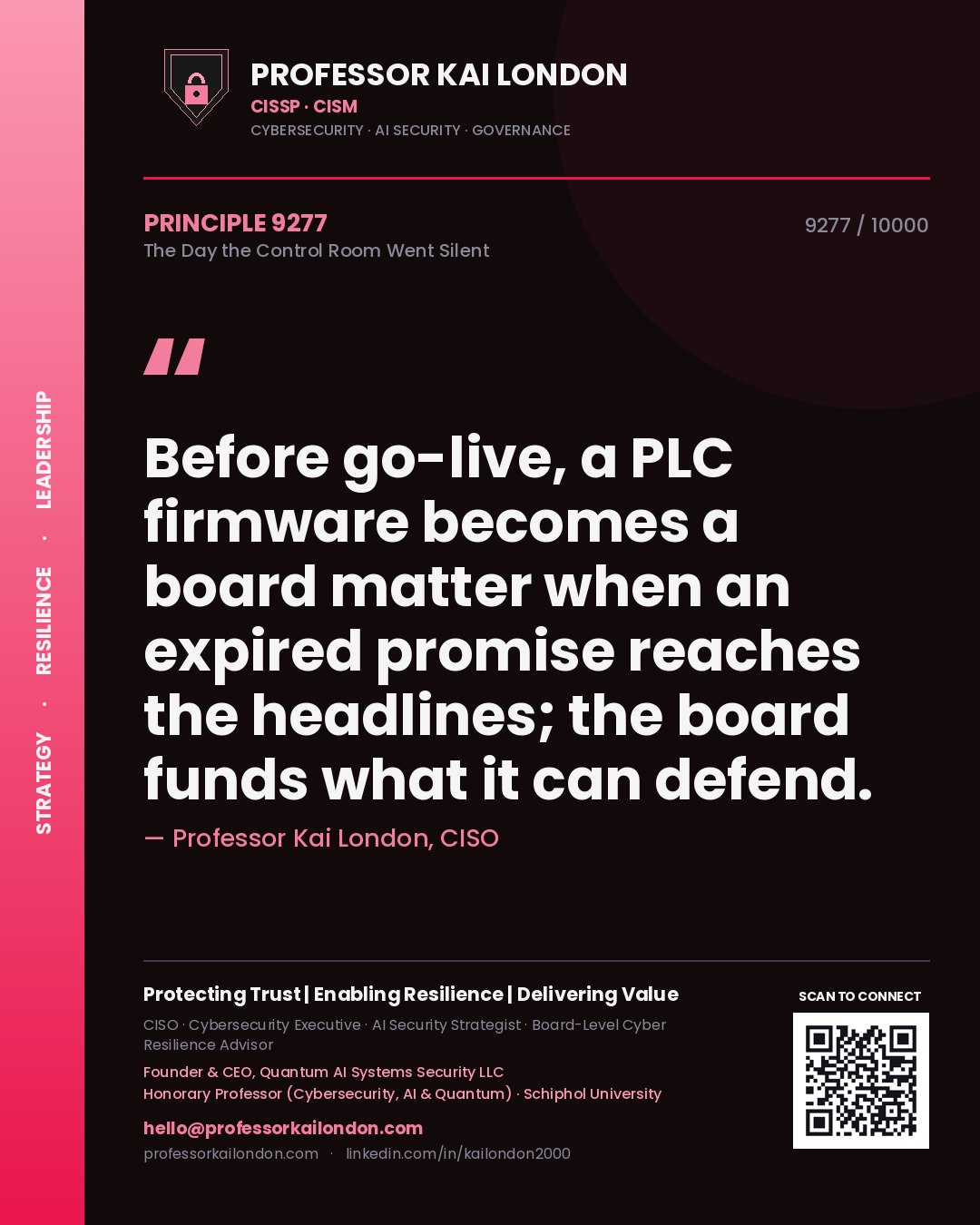 Professor Kai London principle 9277: Before go-live, a PLC firmware becomes a board matter when an expired promise reaches the headlines; the board funds what it can defend.