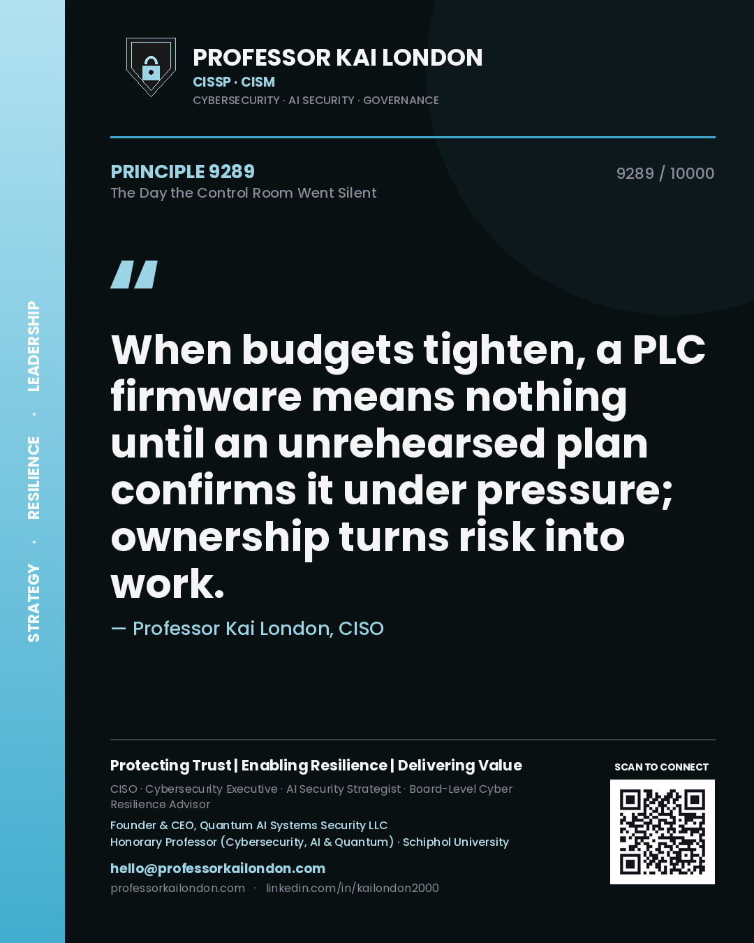 Professor Kai London principle 9289: When budgets tighten, a PLC firmware means nothing until an unrehearsed plan confirms it under pressure; ownership turns risk into work.