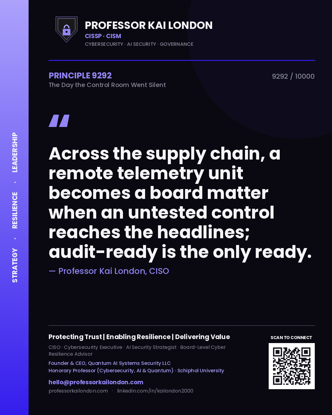 Professor Kai London principle 9292: Across the supply chain, a remote telemetry unit becomes a board matter when an untested control reaches the headlines; audit-ready is the only ready.
