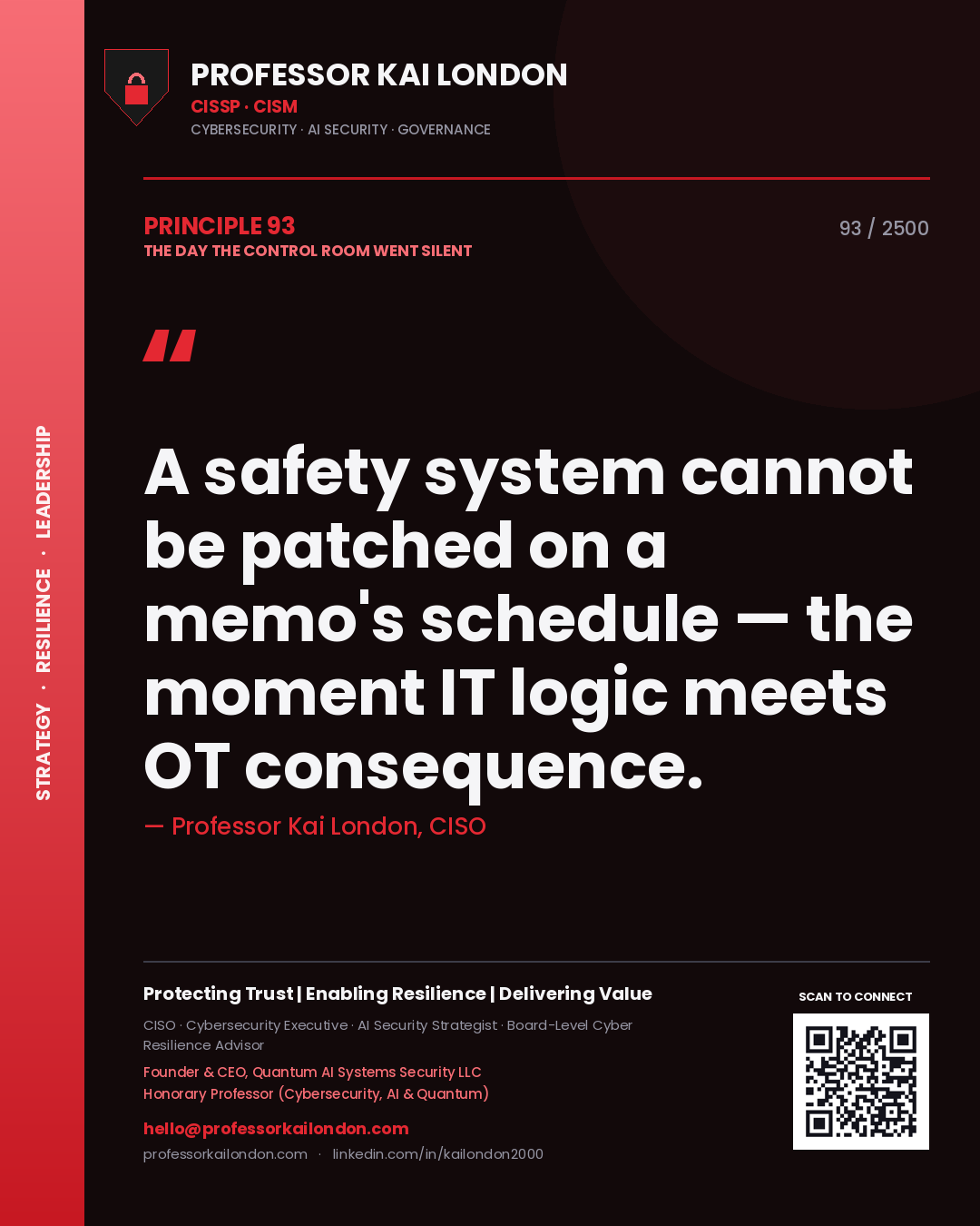 Professor Kai London principle 93: A safety system cannot be patched on a memo's schedule — the moment IT logic meets OT consequence.
