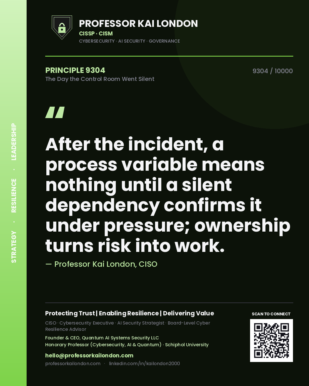 Professor Kai London principle 9304: After the incident, a process variable means nothing until a silent dependency confirms it under pressure; ownership turns risk into work.