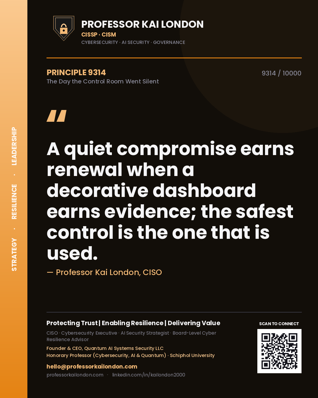 Professor Kai London principle 9314: A quiet compromise earns renewal when a decorative dashboard earns evidence; the safest control is the one that is used.