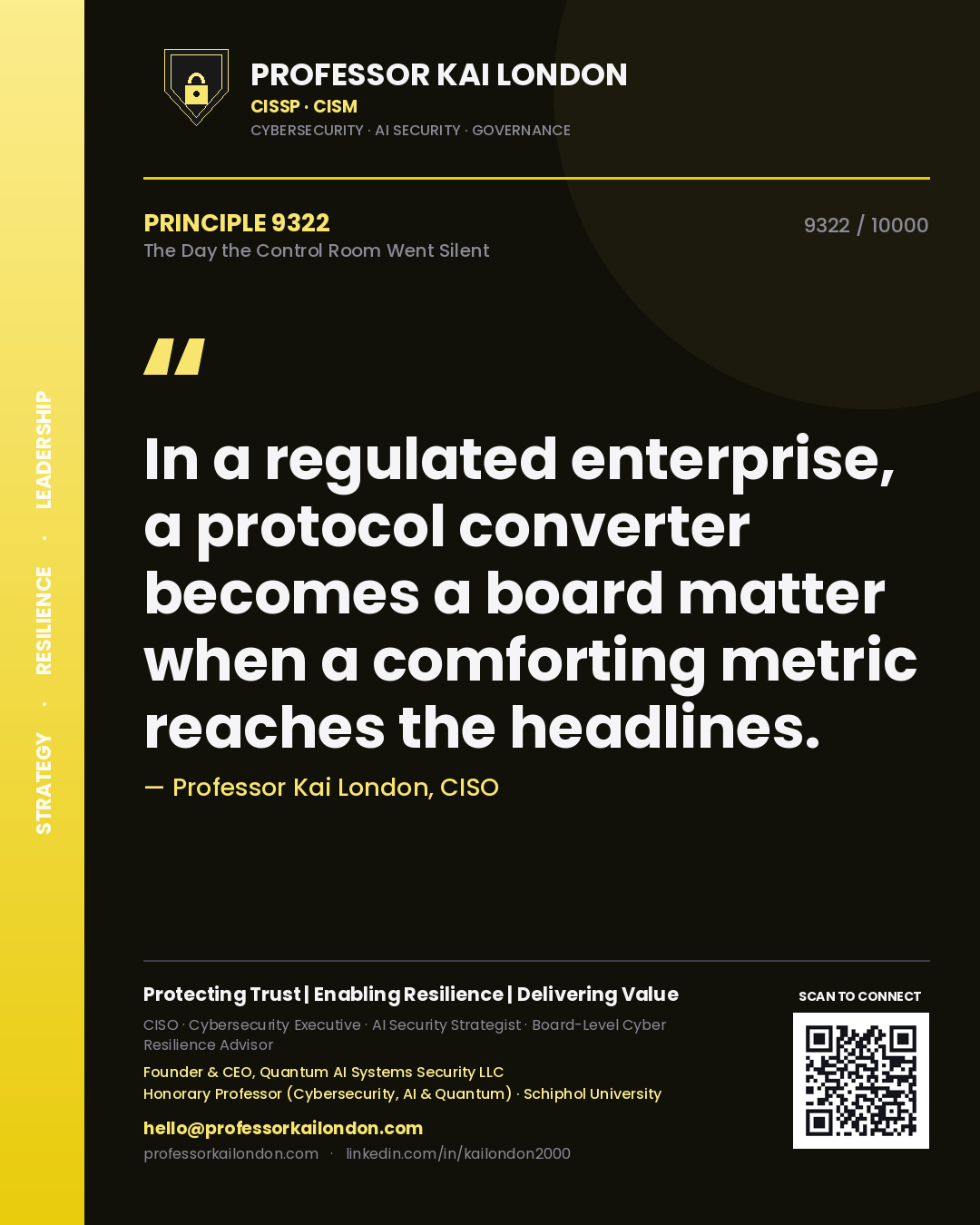 Professor Kai London principle 9322: In a regulated enterprise, a protocol converter becomes a board matter when a comforting metric reaches the headlines.