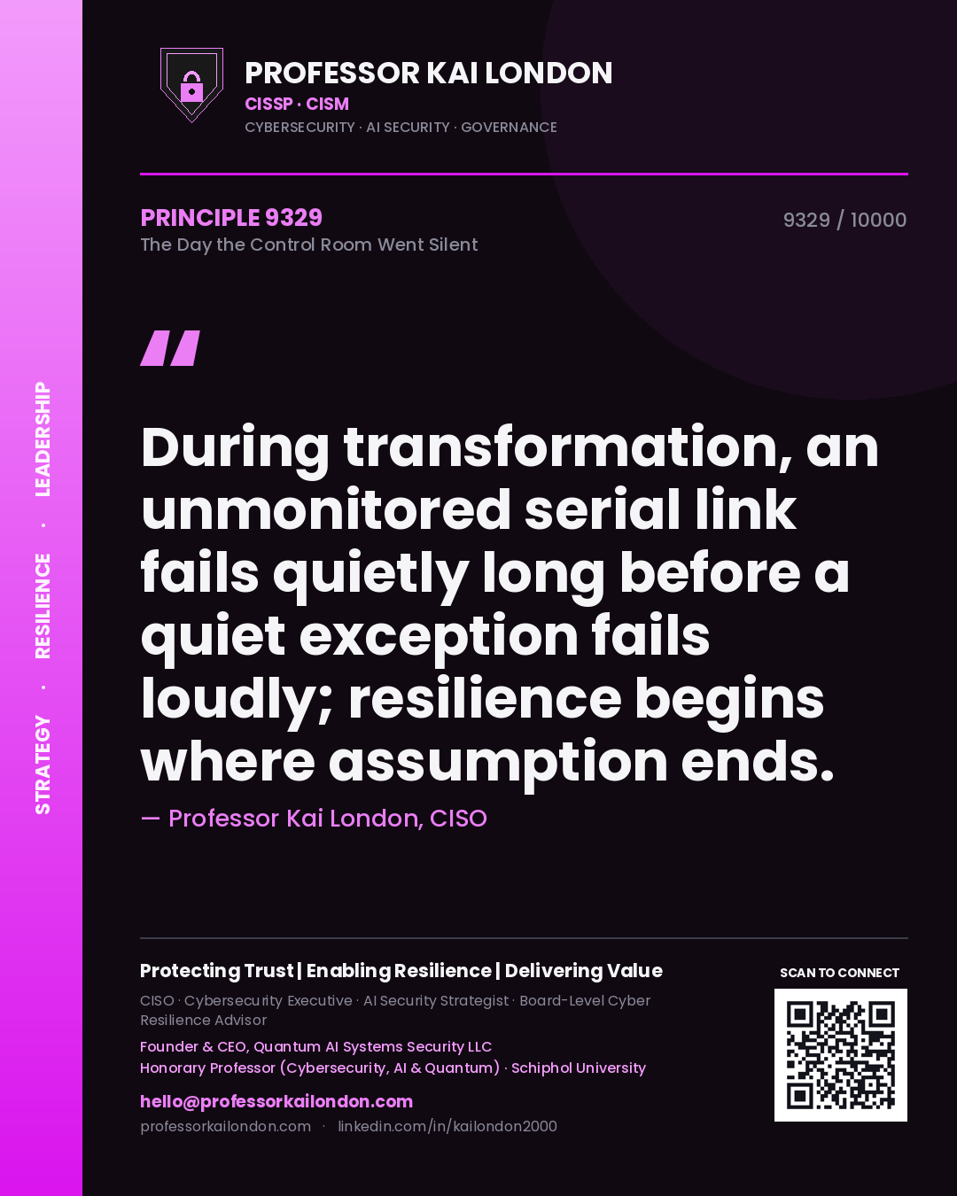 Professor Kai London principle 9329: During transformation, an unmonitored serial link fails quietly long before a quiet exception fails loudly; resilience begins where assumption ends.