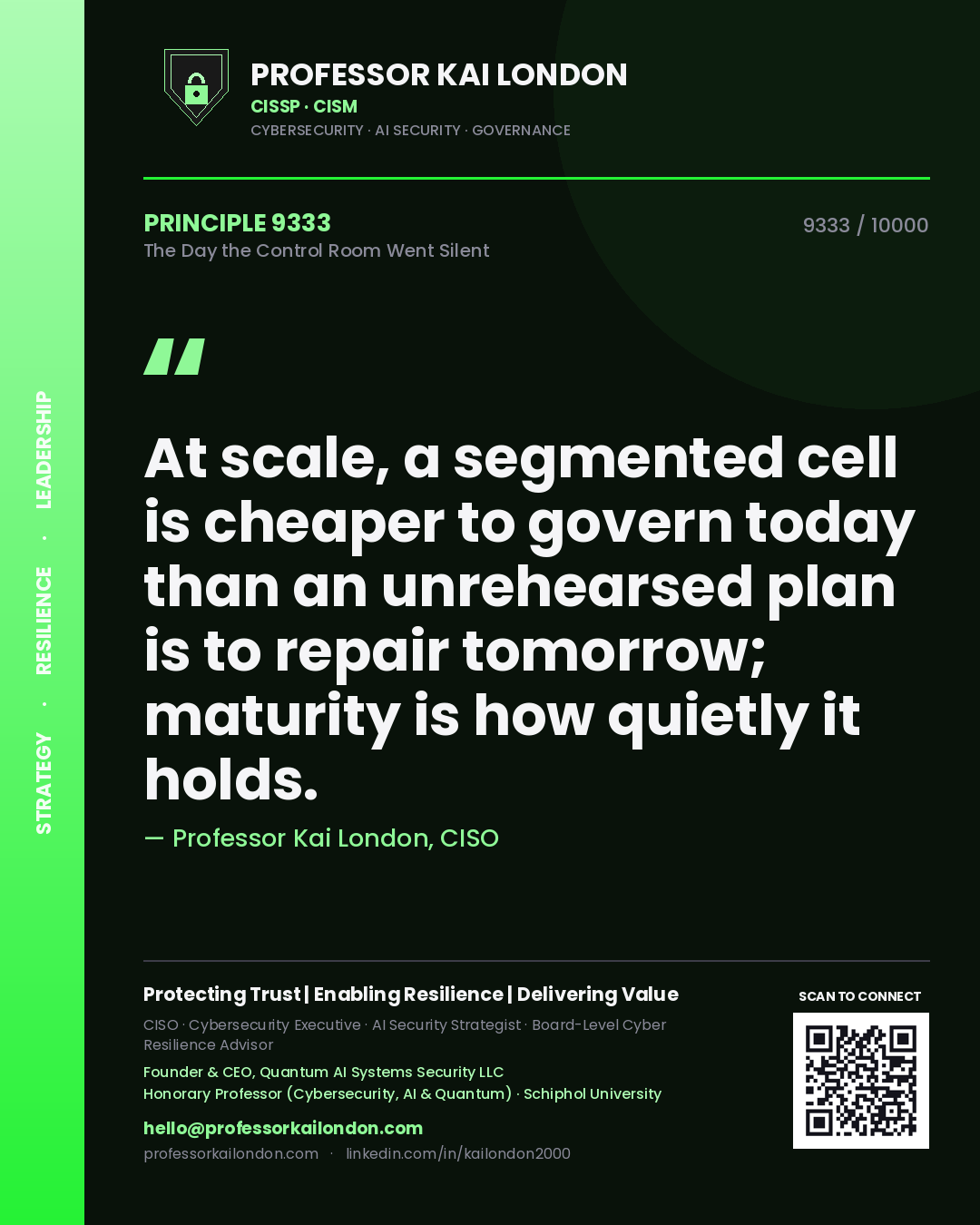 Professor Kai London principle 9333: At scale, a segmented cell is cheaper to govern today than an unrehearsed plan is to repair tomorrow; maturity is how quietly it holds.