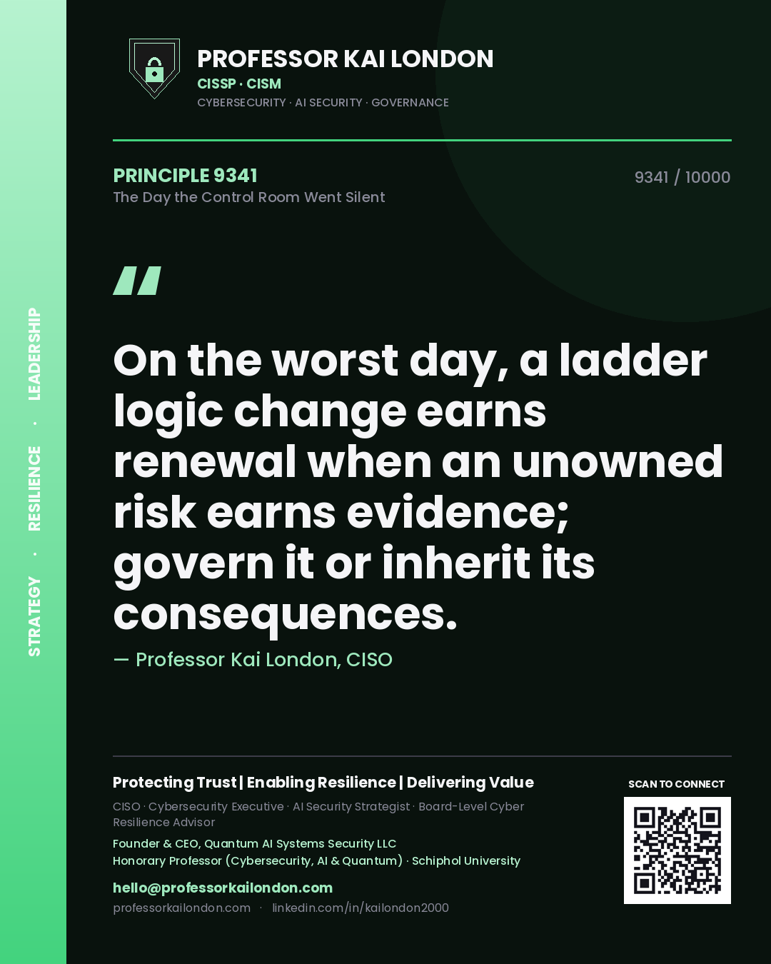 Professor Kai London principle 9341: On the worst day, a ladder logic change earns renewal when an unowned risk earns evidence; govern it or inherit its consequences.