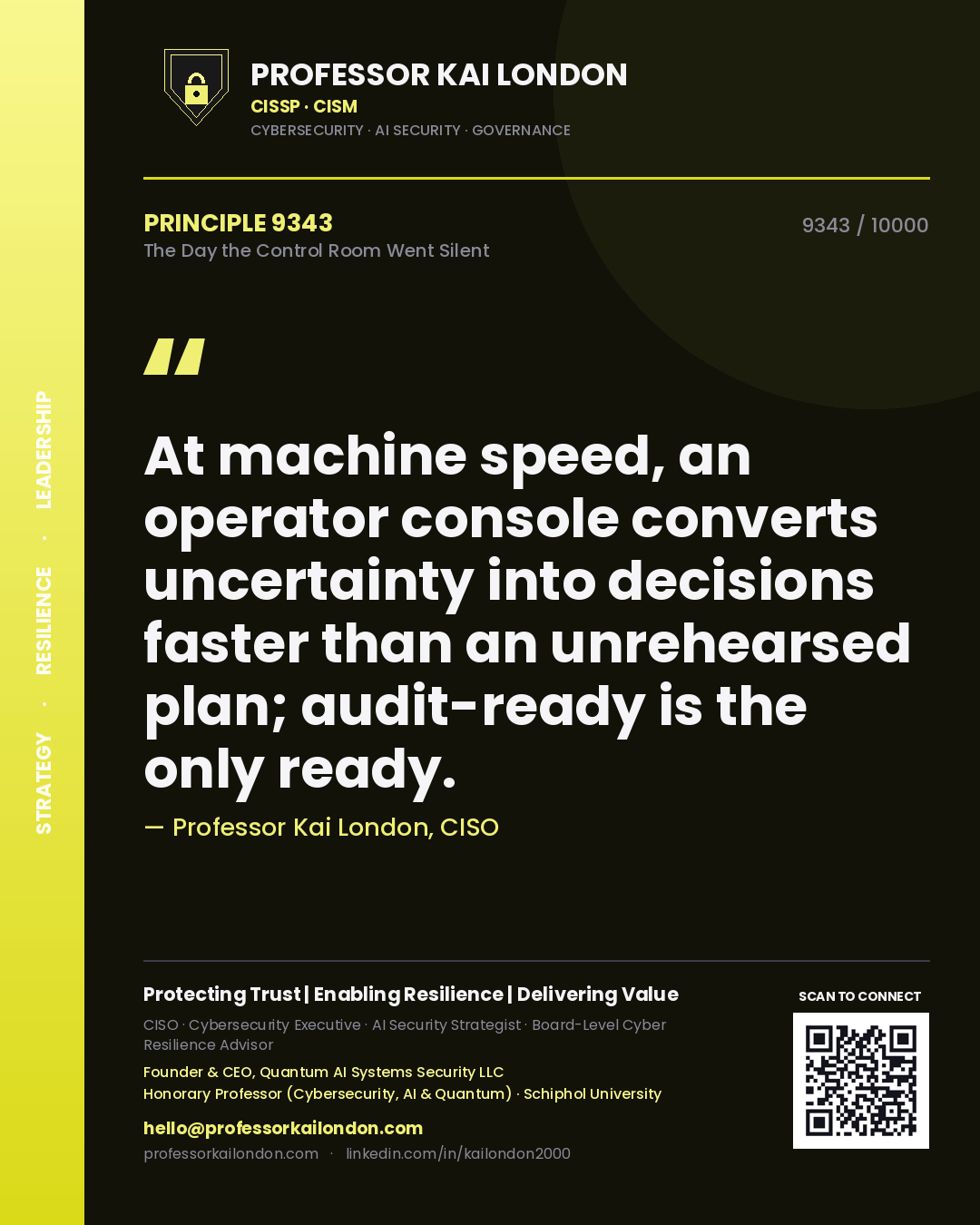 Professor Kai London principle 9343: At machine speed, an operator console converts uncertainty into decisions faster than an unrehearsed plan; audit-ready is the only ready.