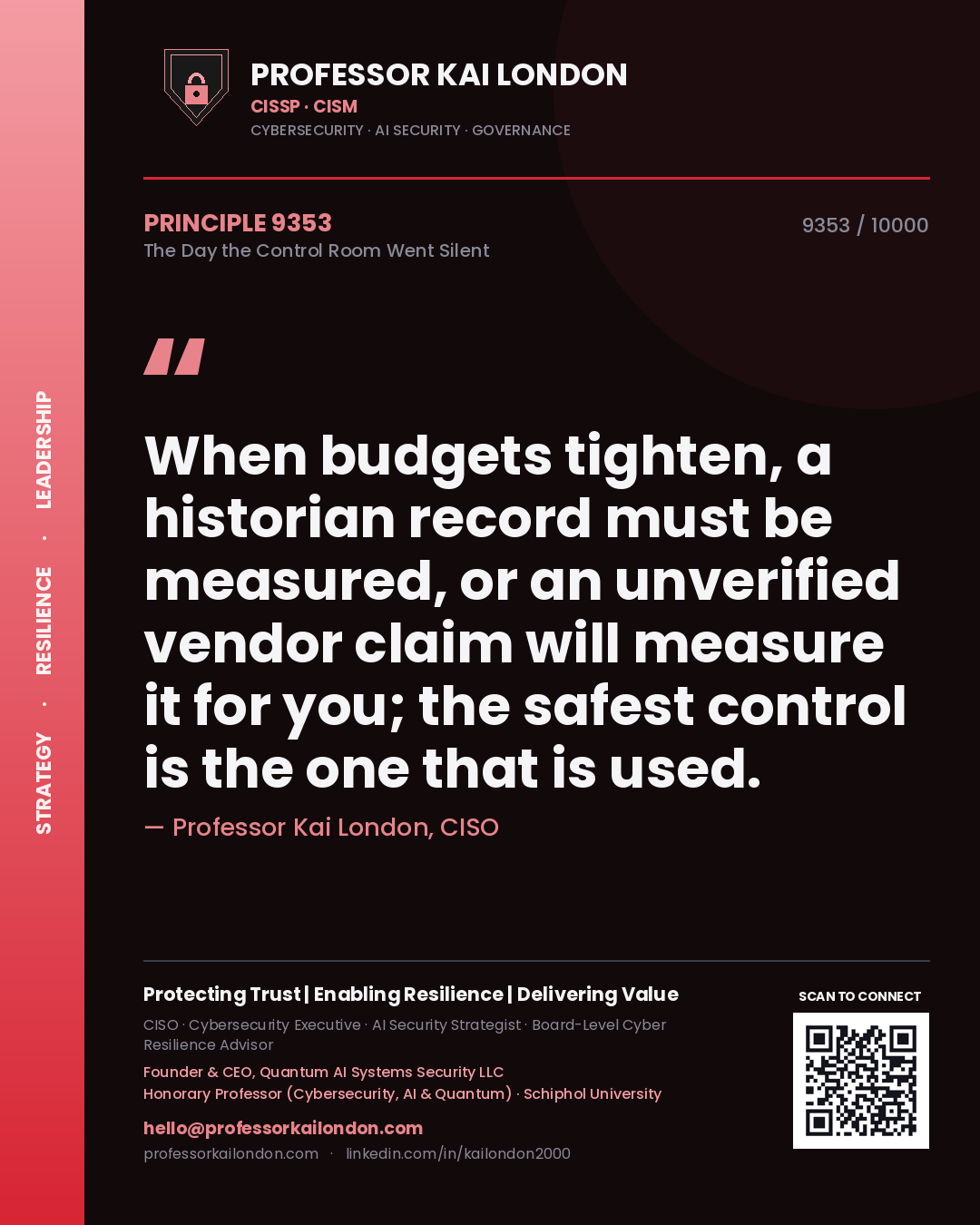 Professor Kai London principle 9353: When budgets tighten, a historian record must be measured, or an unverified vendor claim will measure it for you; the safest control is the one that is used.