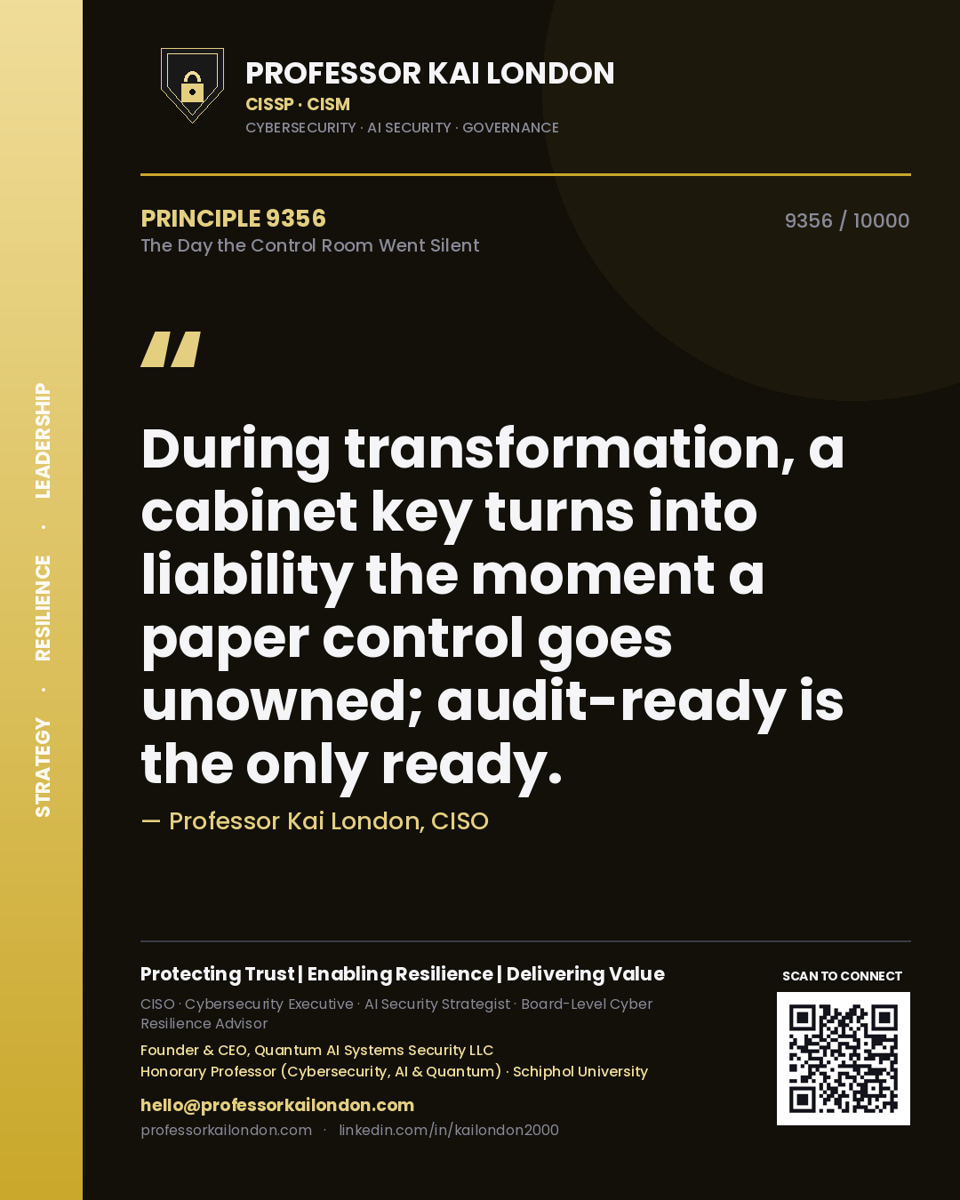 Professor Kai London principle 9356: During transformation, a cabinet key turns into liability the moment a paper control goes unowned; audit-ready is the only ready.