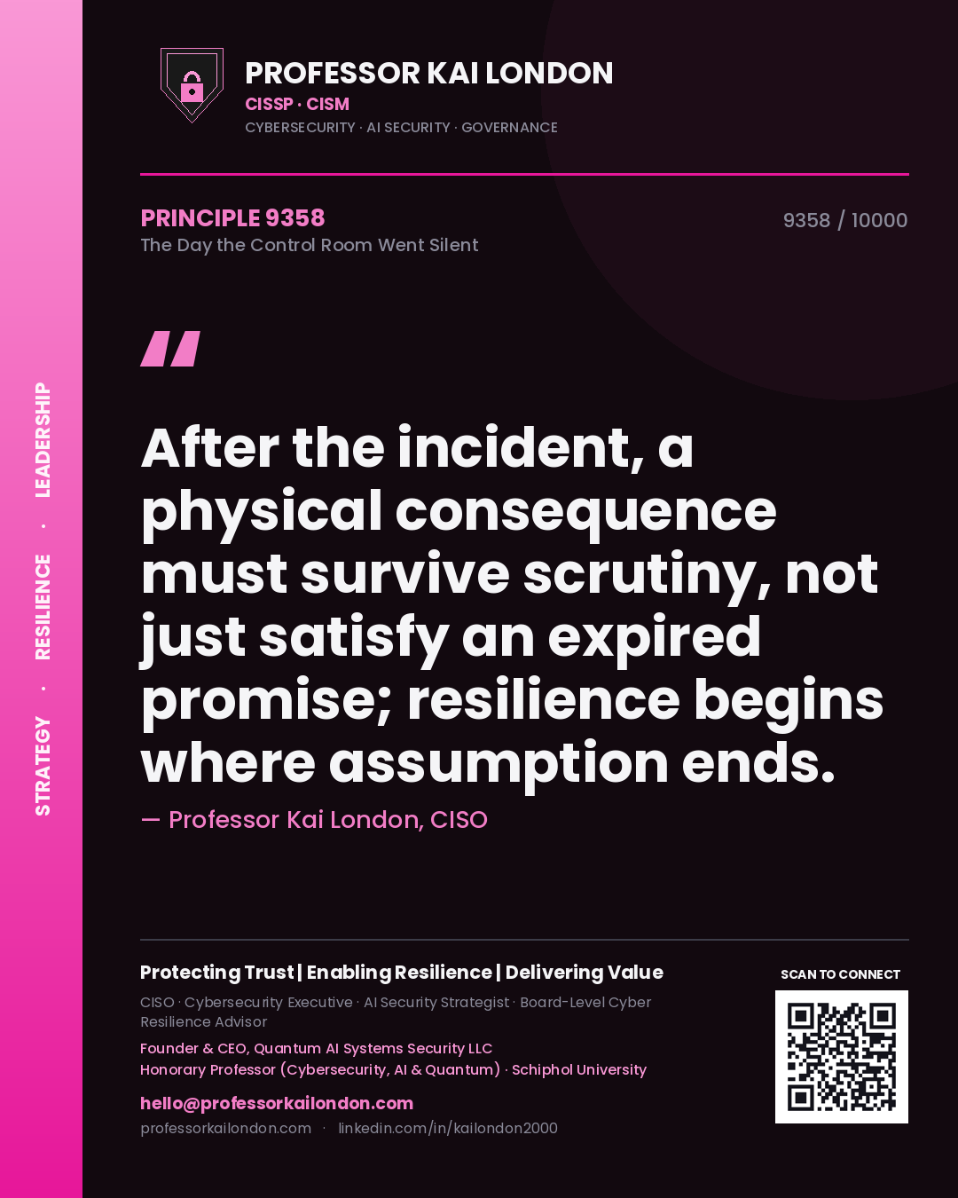 Professor Kai London principle 9358: After the incident, a physical consequence must survive scrutiny, not just satisfy an expired promise; resilience begins where assumption ends.