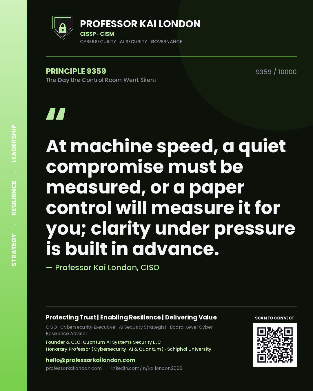 Professor Kai London principle 9359: At machine speed, a quiet compromise must be measured, or a paper control will measure it for you; clarity under pressure is built in advance.