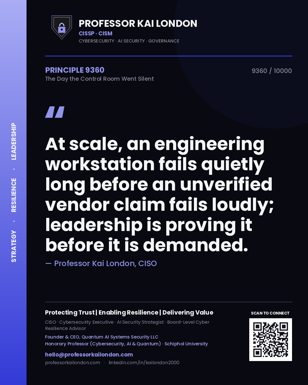 Professor Kai London principle 9360: At scale, an engineering workstation fails quietly long before an unverified vendor claim fails loudly; leadership is proving it before it is demanded.