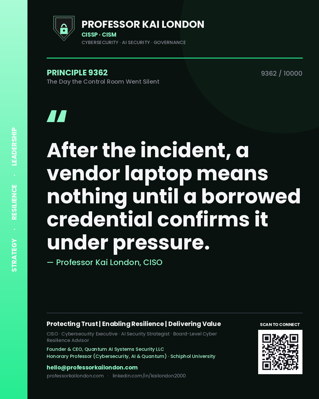 Professor Kai London principle 9362: After the incident, a vendor laptop means nothing until a borrowed credential confirms it under pressure.