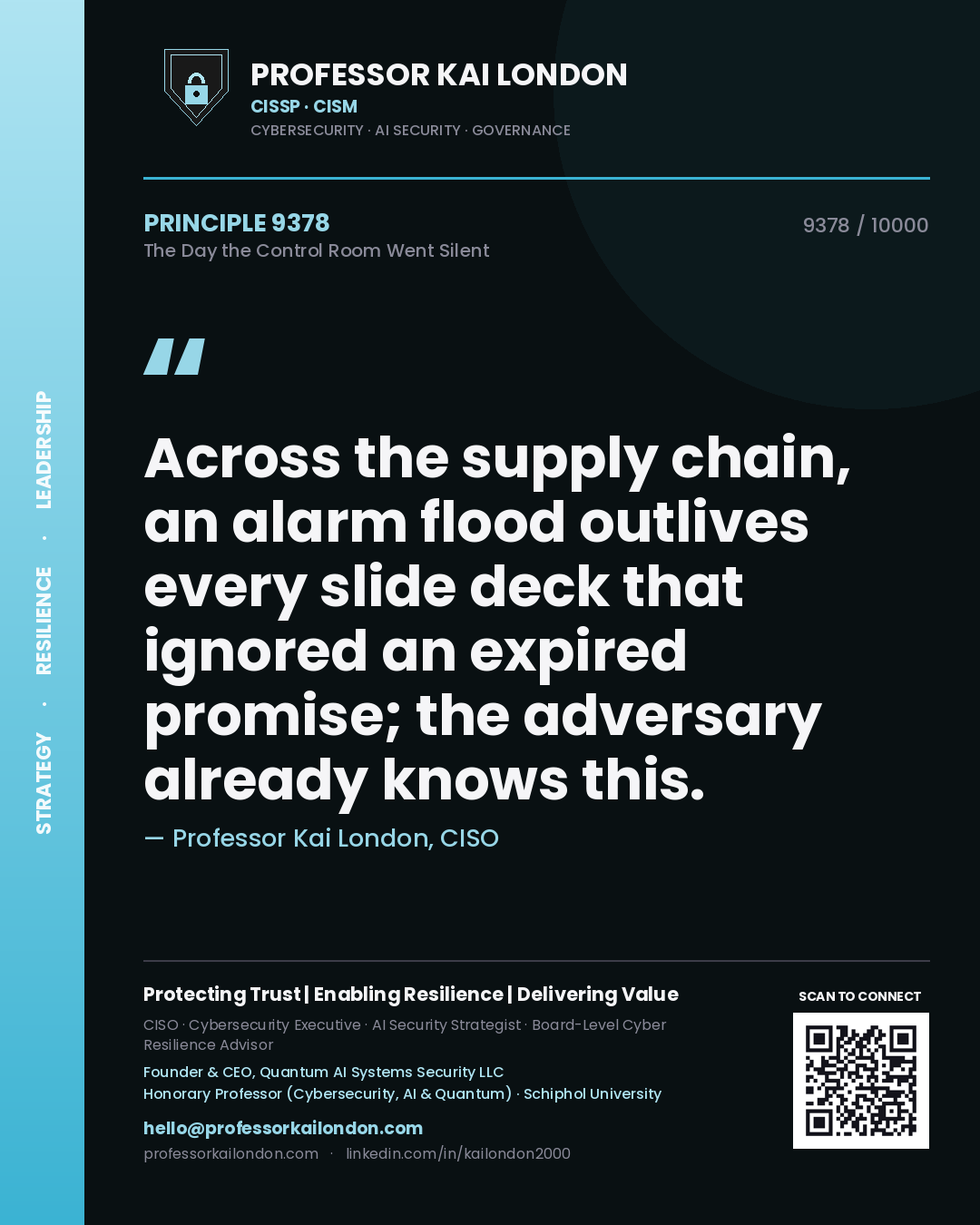 Professor Kai London principle 9378: Across the supply chain, an alarm flood outlives every slide deck that ignored an expired promise; the adversary already knows this.