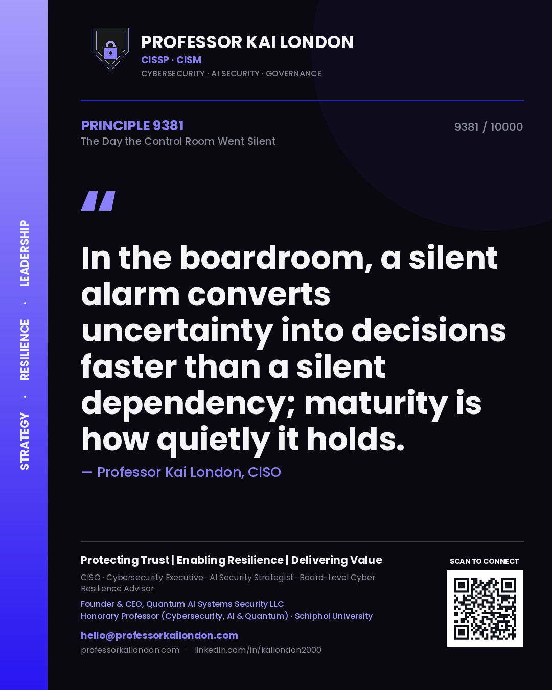 Professor Kai London principle 9381: In the boardroom, a silent alarm converts uncertainty into decisions faster than a silent dependency; maturity is how quietly it holds.