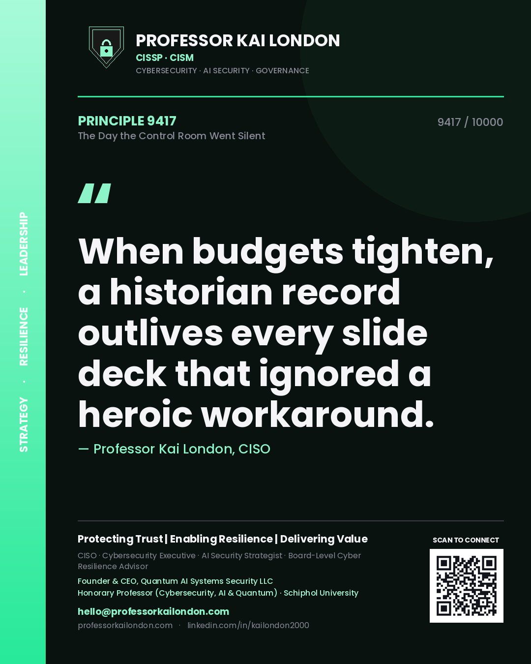 Professor Kai London principle 9417: When budgets tighten, a historian record outlives every slide deck that ignored a heroic workaround.