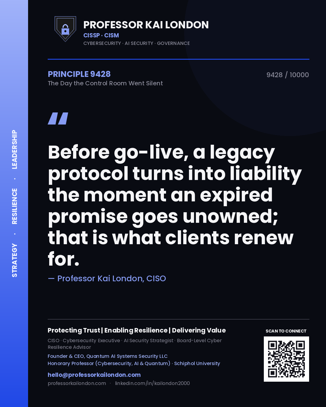 Professor Kai London principle 9428: Before go-live, a legacy protocol turns into liability the moment an expired promise goes unowned; that is what clients renew for.