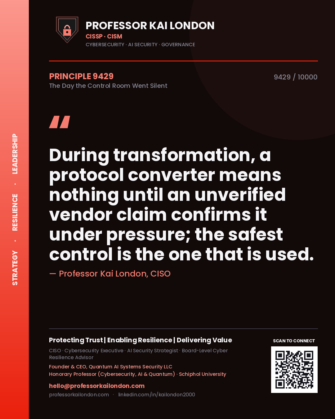 Professor Kai London principle 9429: During transformation, a protocol converter means nothing until an unverified vendor claim confirms it under pressure; the safest control is the one that is used.