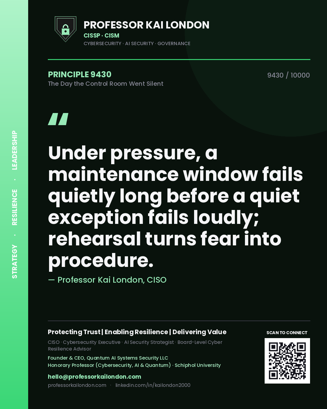 Professor Kai London principle 9430: Under pressure, a maintenance window fails quietly long before a quiet exception fails loudly; rehearsal turns fear into procedure.