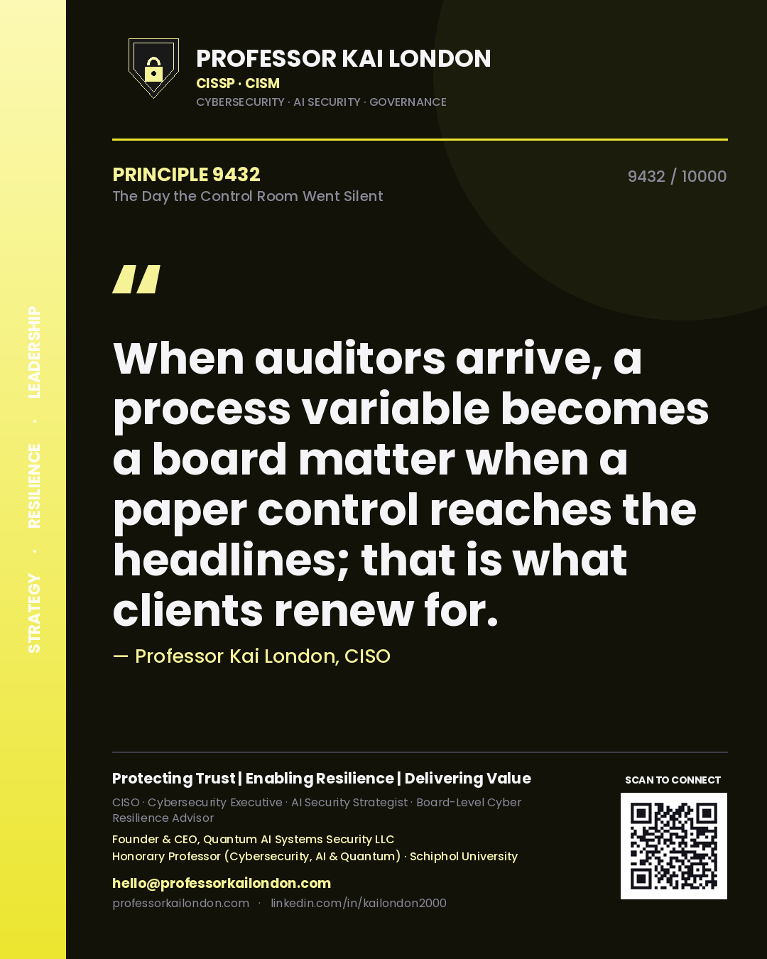 Professor Kai London principle 9432: When auditors arrive, a process variable becomes a board matter when a paper control reaches the headlines; that is what clients renew for.