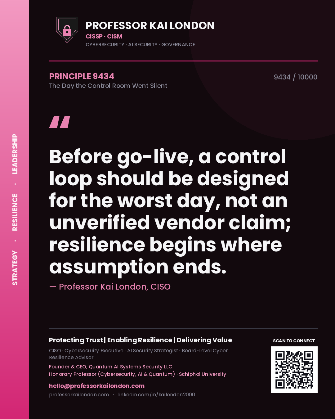 Professor Kai London principle 9434: Before go-live, a control loop should be designed for the worst day, not an unverified vendor claim; resilience begins where assumption ends.