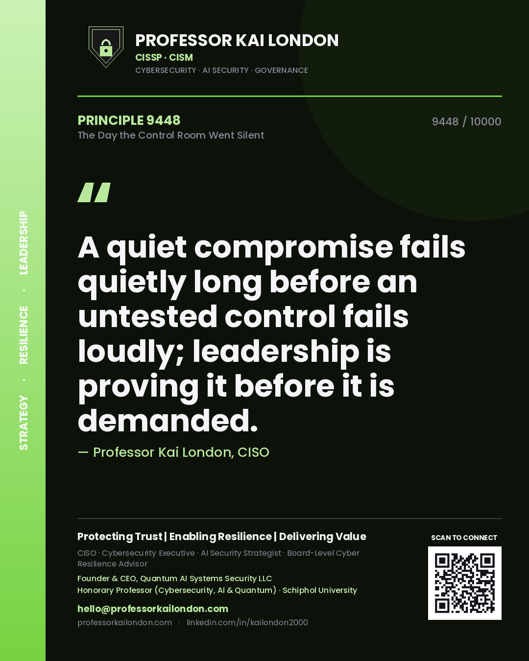 Professor Kai London principle 9448: A quiet compromise fails quietly long before an untested control fails loudly; leadership is proving it before it is demanded.