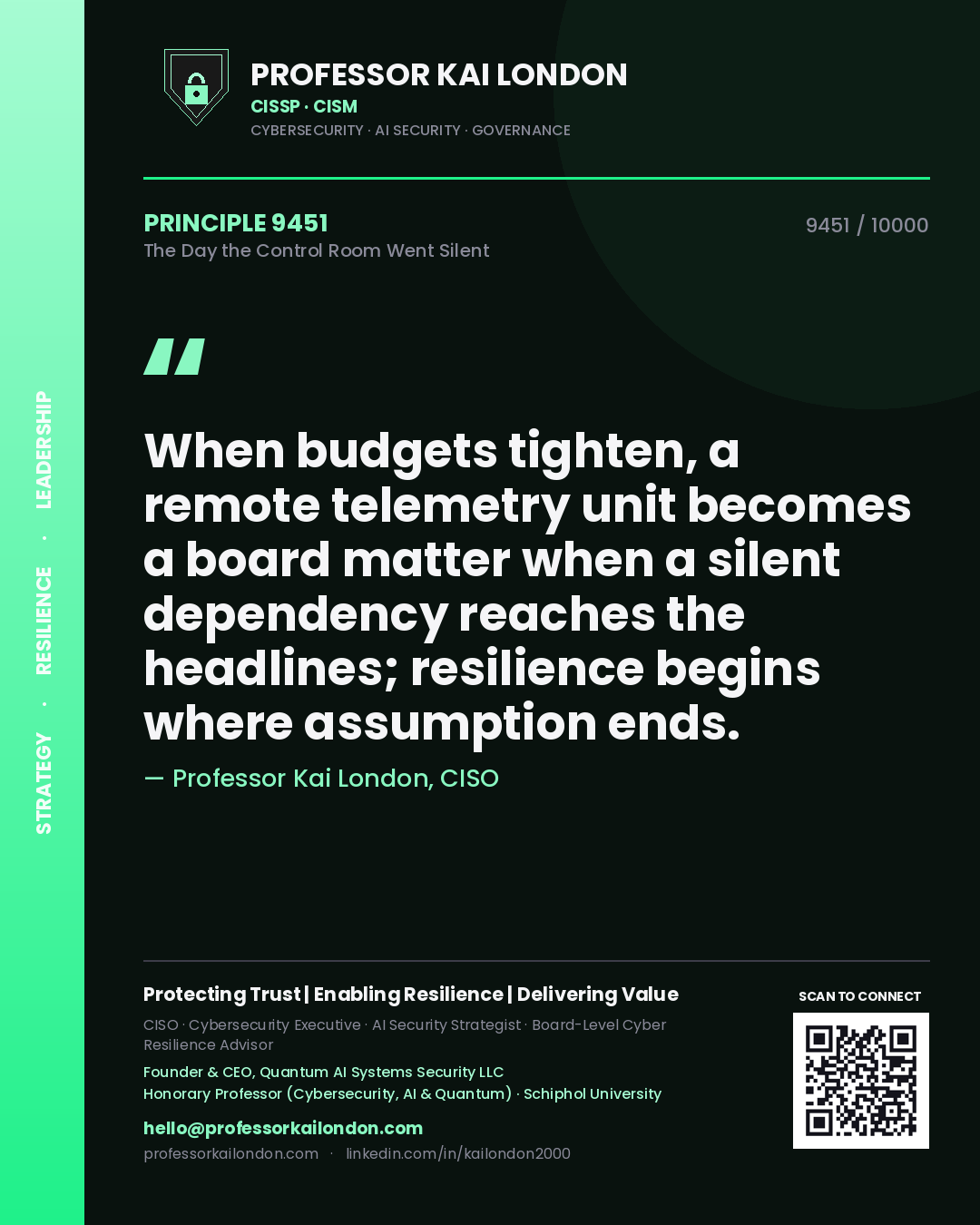 Professor Kai London principle 9451: When budgets tighten, a remote telemetry unit becomes a board matter when a silent dependency reaches the headlines; resilience begins where assumption ends.