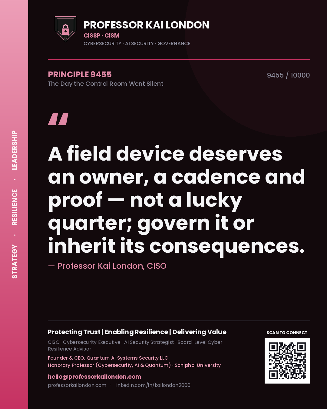 Professor Kai London principle 9455: A field device deserves an owner, a cadence and proof — not a lucky quarter; govern it or inherit its consequences.