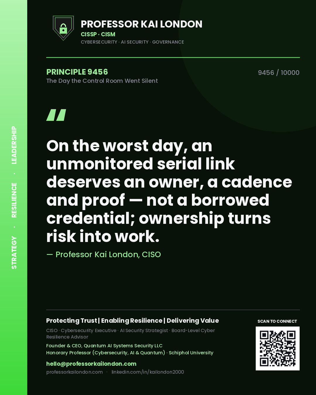 Professor Kai London principle 9456: On the worst day, an unmonitored serial link deserves an owner, a cadence and proof — not a borrowed credential; ownership turns risk into work.