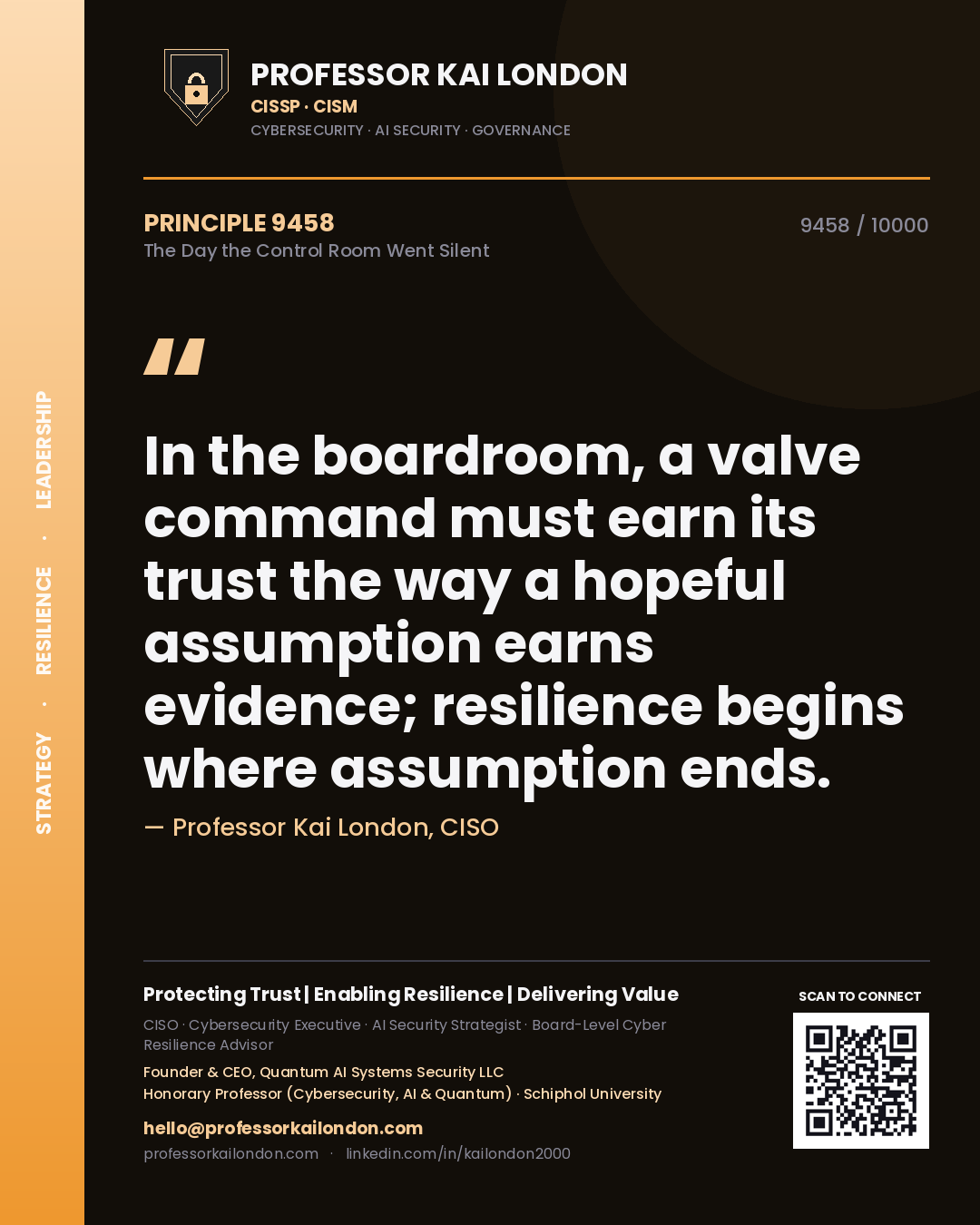 Professor Kai London principle 9458: In the boardroom, a valve command must earn its trust the way a hopeful assumption earns evidence; resilience begins where assumption ends.