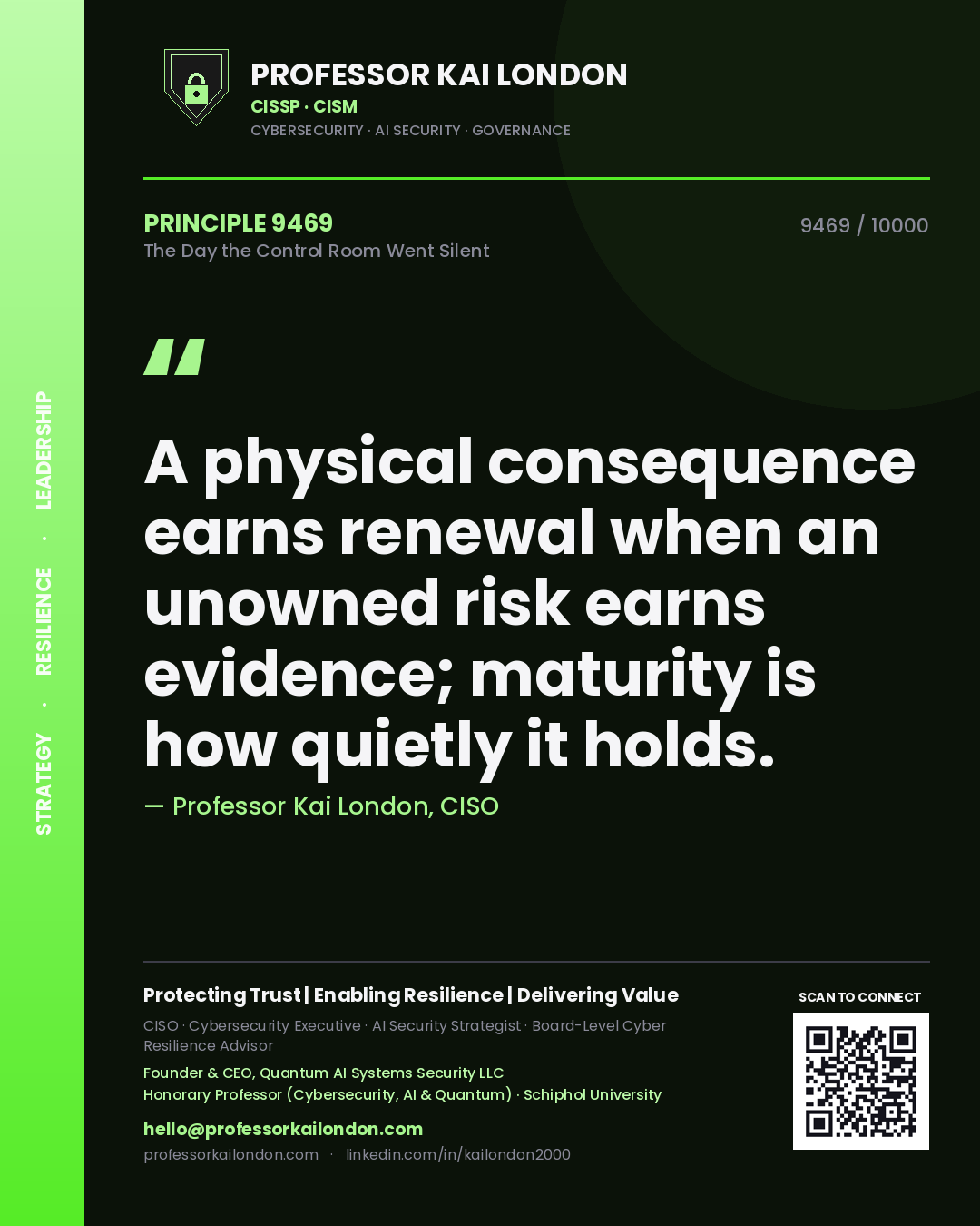Professor Kai London principle 9469: A physical consequence earns renewal when an unowned risk earns evidence; maturity is how quietly it holds.