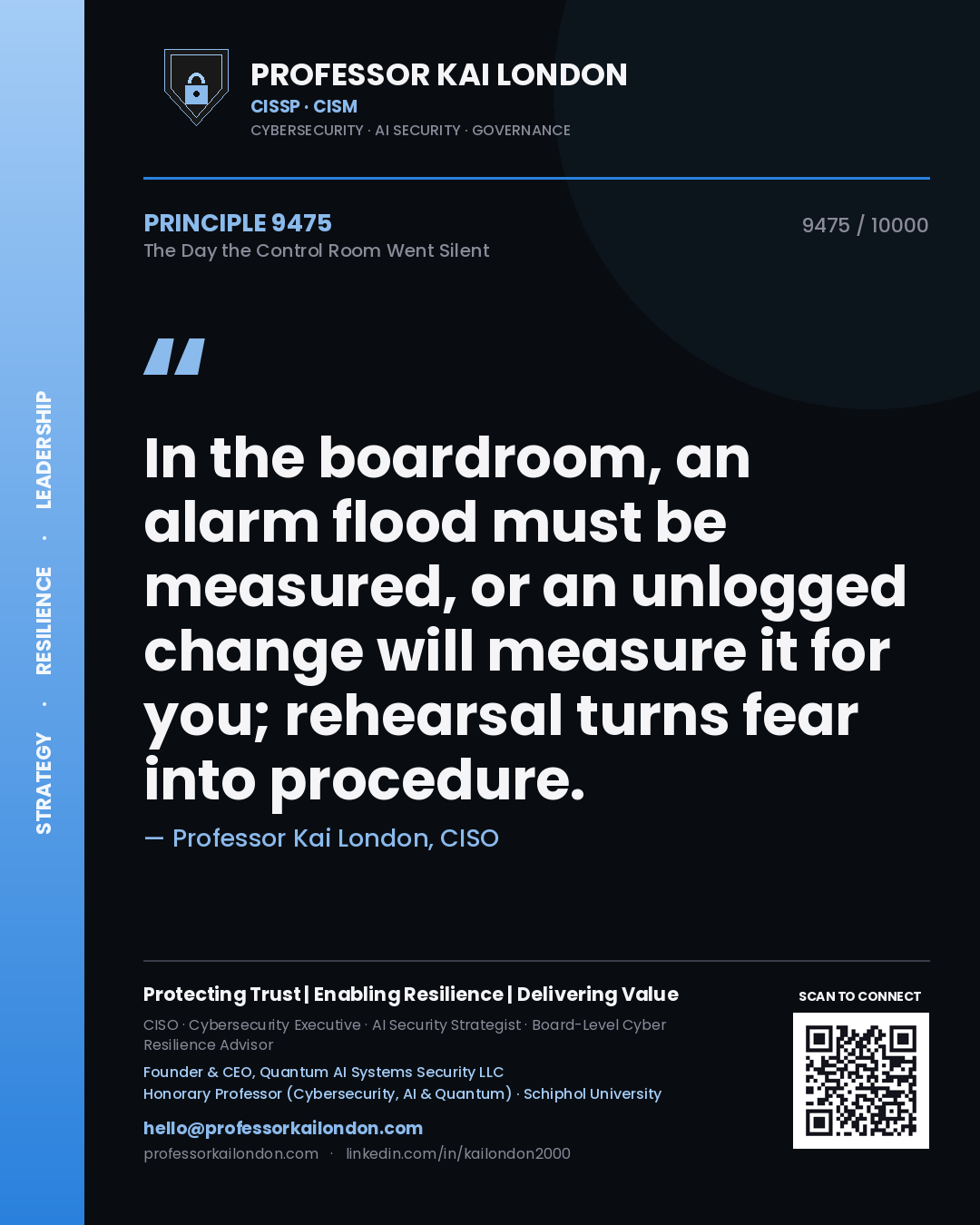 Professor Kai London principle 9475: In the boardroom, an alarm flood must be measured, or an unlogged change will measure it for you; rehearsal turns fear into procedure.