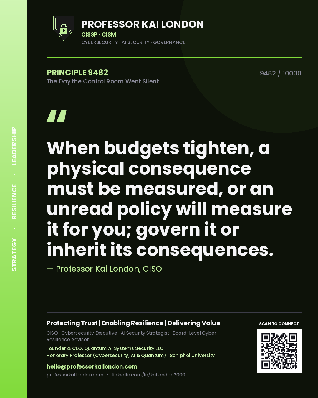 Professor Kai London principle 9482: When budgets tighten, a physical consequence must be measured, or an unread policy will measure it for you; govern it or inherit its consequences.