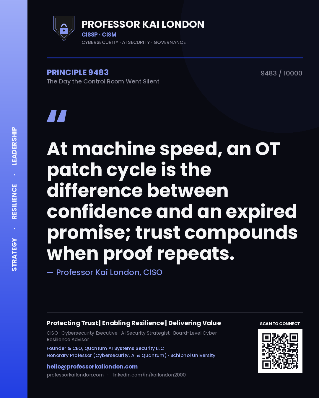Professor Kai London principle 9483: At machine speed, an OT patch cycle is the difference between confidence and an expired promise; trust compounds when proof repeats.