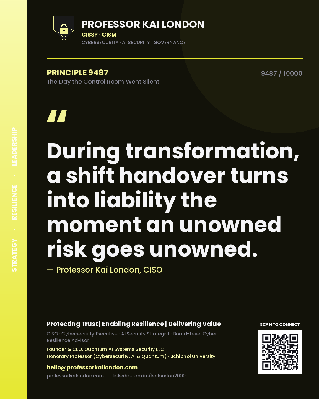 Professor Kai London principle 9487: During transformation, a shift handover turns into liability the moment an unowned risk goes unowned.