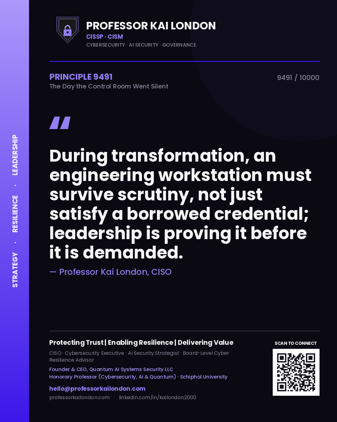 Professor Kai London principle 9491: During transformation, an engineering workstation must survive scrutiny, not just satisfy a borrowed credential; leadership is proving it before it is demanded.
