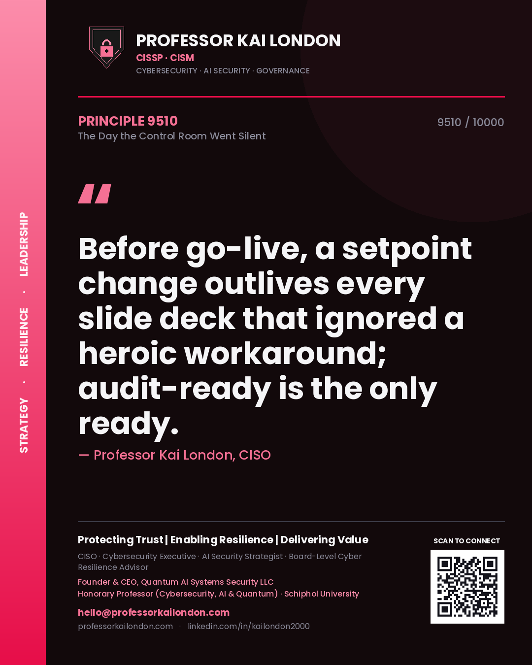 Professor Kai London principle 9510: Before go-live, a setpoint change outlives every slide deck that ignored a heroic workaround; audit-ready is the only ready.