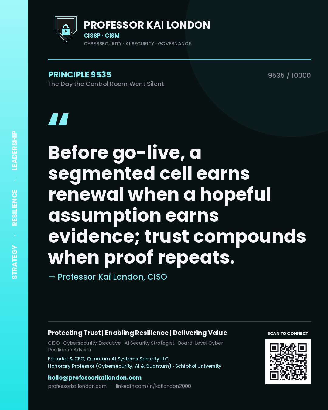 Professor Kai London principle 9535: Before go-live, a segmented cell earns renewal when a hopeful assumption earns evidence; trust compounds when proof repeats.