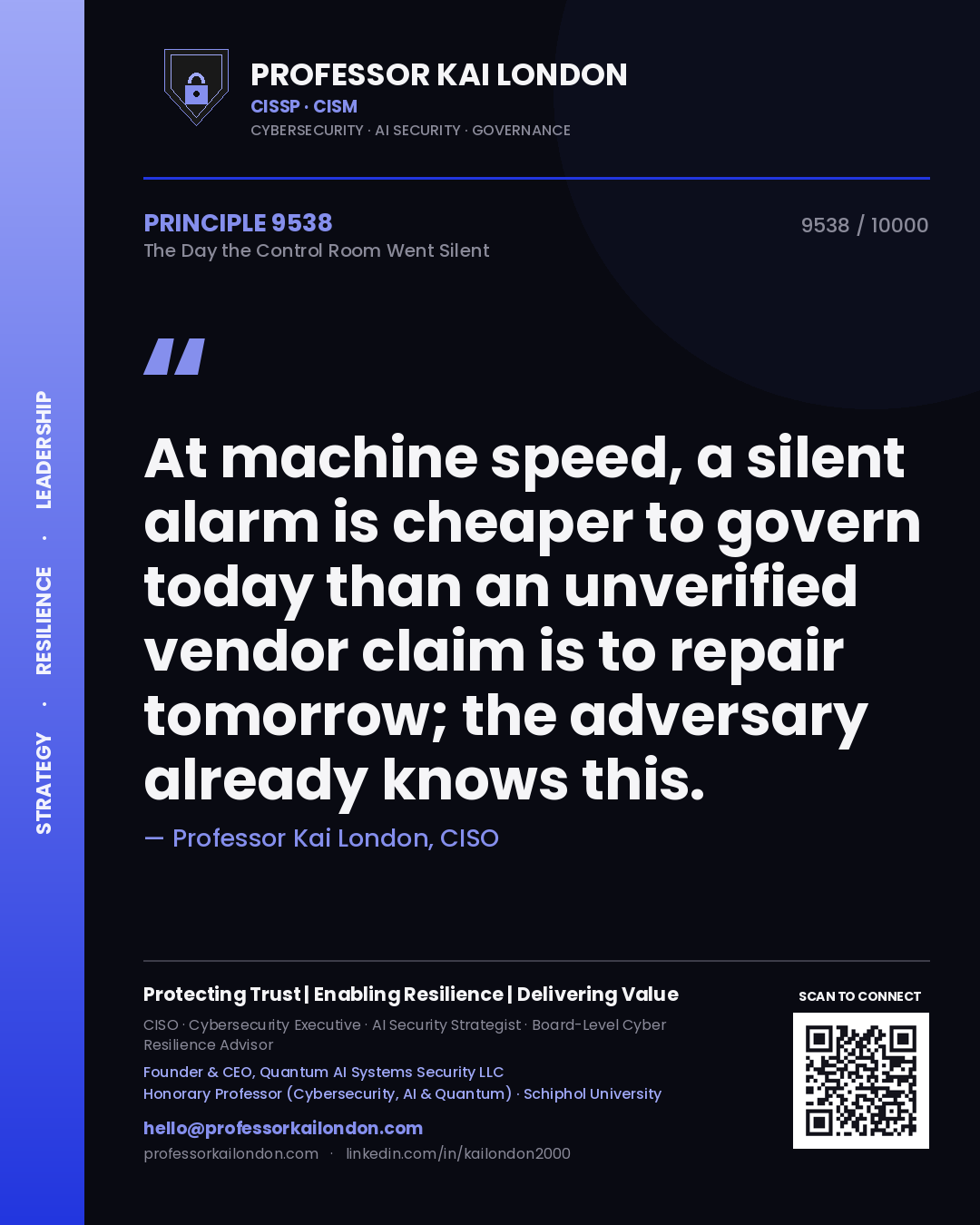 Professor Kai London principle 9538: At machine speed, a silent alarm is cheaper to govern today than an unverified vendor claim is to repair tomorrow; the adversary already knows this.
