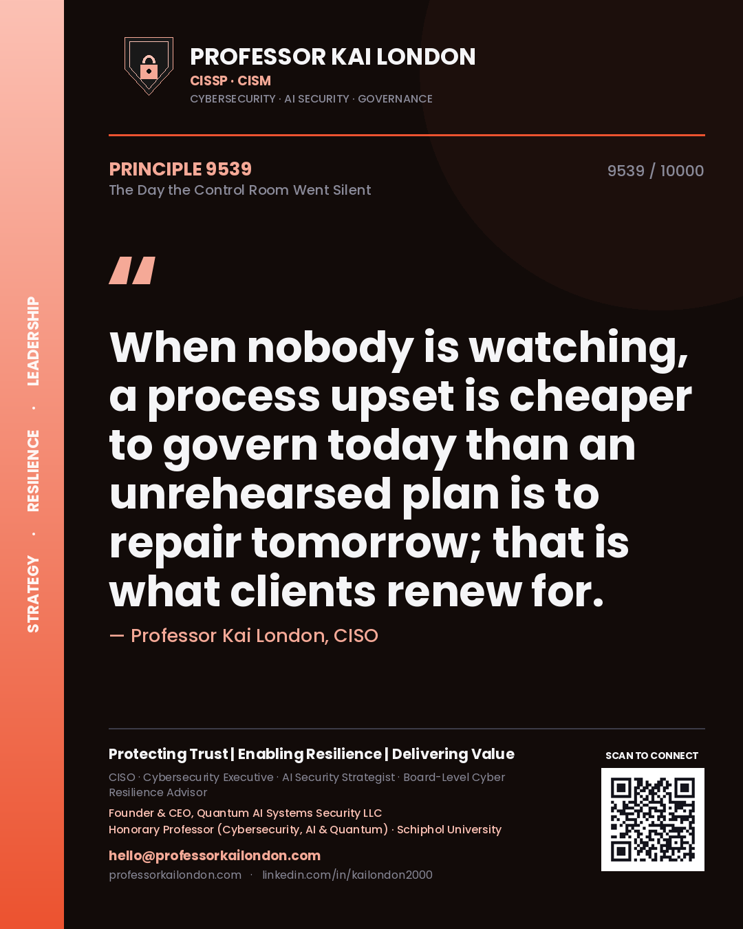 Professor Kai London principle 9539: When nobody is watching, a process upset is cheaper to govern today than an unrehearsed plan is to repair tomorrow; that is what clients renew for.
