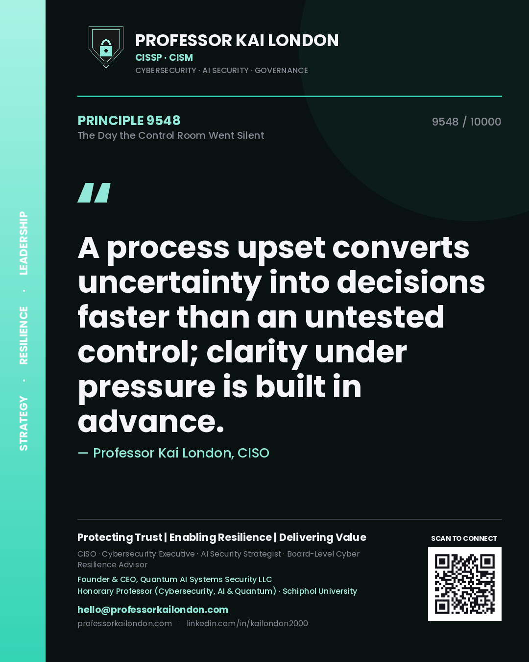 Professor Kai London principle 9548: A process upset converts uncertainty into decisions faster than an untested control; clarity under pressure is built in advance.