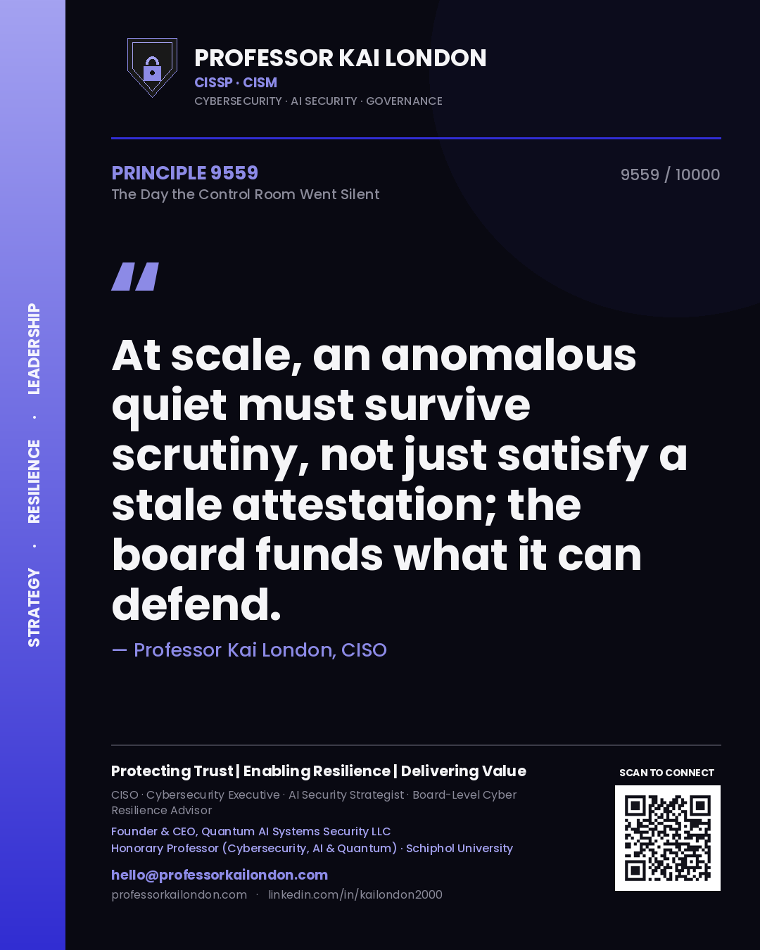Professor Kai London principle 9559: At scale, an anomalous quiet must survive scrutiny, not just satisfy a stale attestation; the board funds what it can defend.
