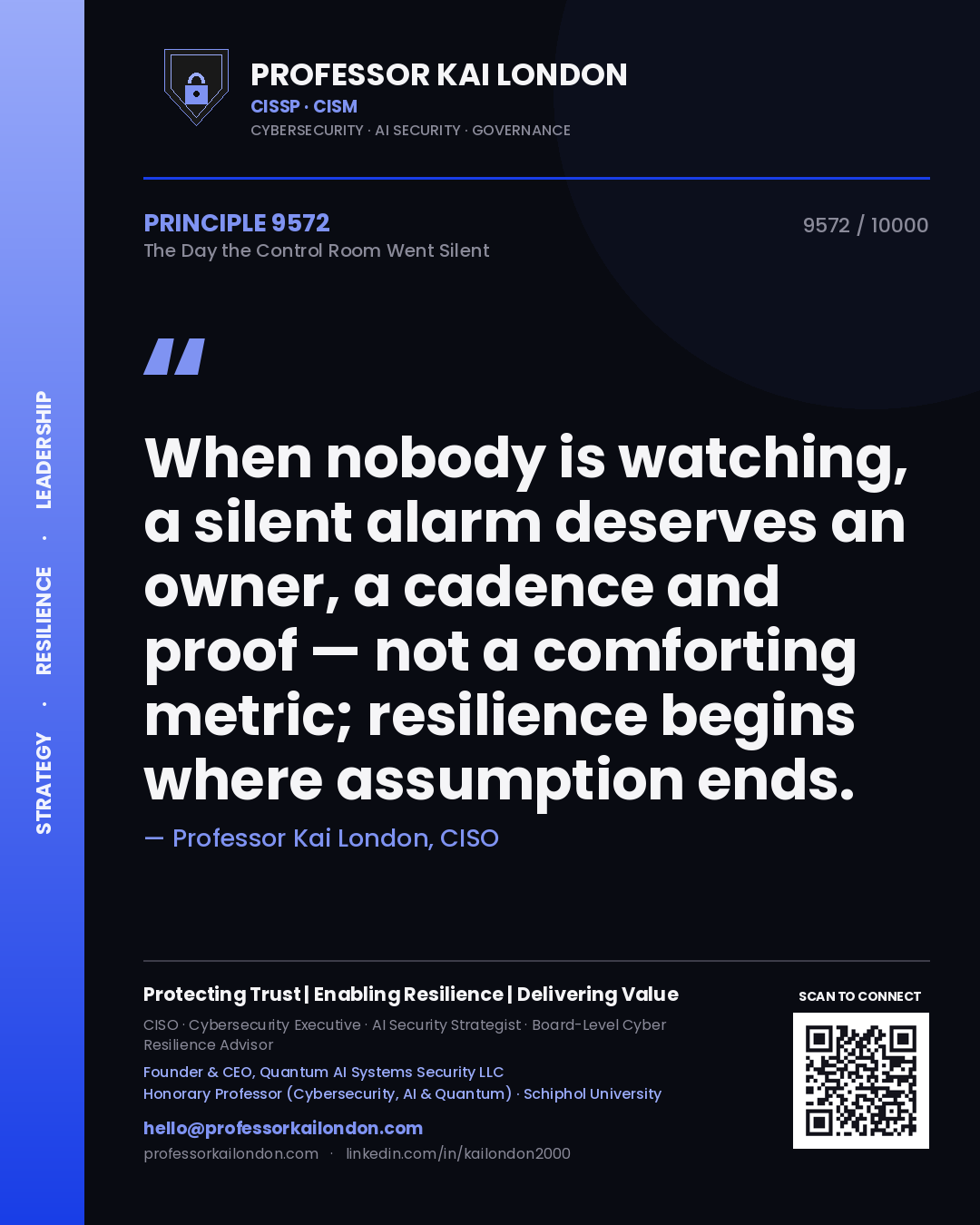 Professor Kai London principle 9572: When nobody is watching, a silent alarm deserves an owner, a cadence and proof — not a comforting metric; resilience begins where assumption ends.