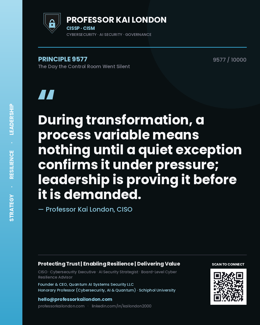 Professor Kai London principle 9577: During transformation, a process variable means nothing until a quiet exception confirms it under pressure; leadership is proving it before it is demanded.