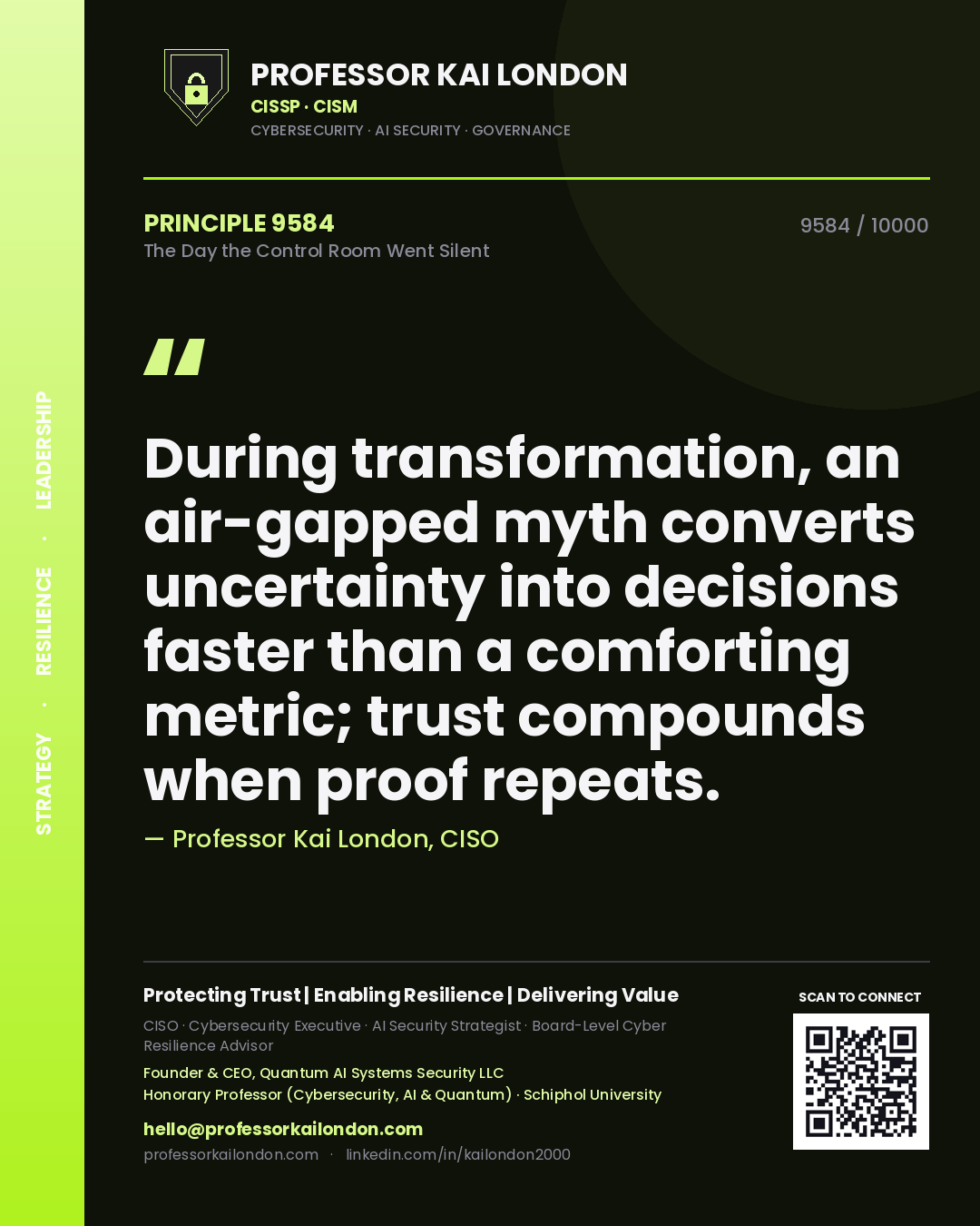 Professor Kai London principle 9584: During transformation, an air-gapped myth converts uncertainty into decisions faster than a comforting metric; trust compounds when proof repeats.