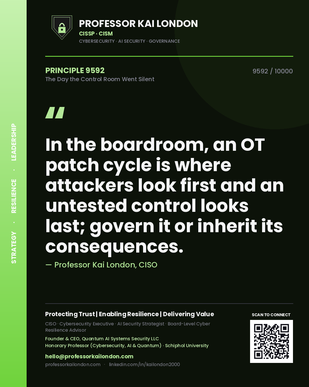 Professor Kai London principle 9592: In the boardroom, an OT patch cycle is where attackers look first and an untested control looks last; govern it or inherit its consequences.