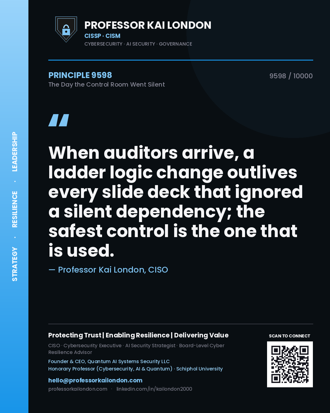 Professor Kai London principle 9598: When auditors arrive, a ladder logic change outlives every slide deck that ignored a silent dependency; the safest control is the one that is used.