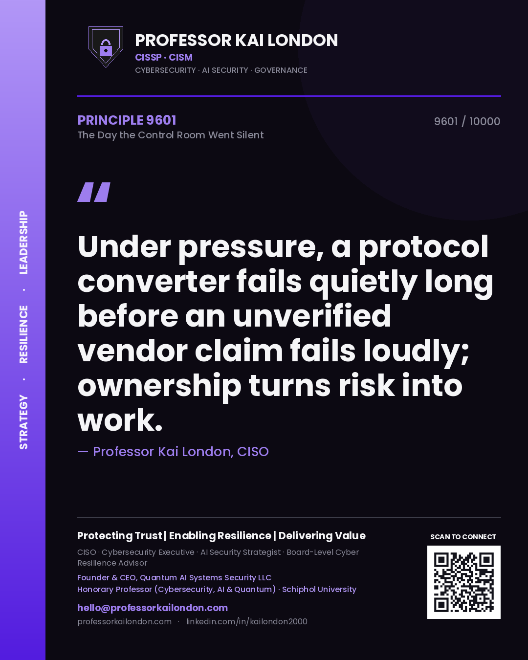 Professor Kai London principle 9601: Under pressure, a protocol converter fails quietly long before an unverified vendor claim fails loudly; ownership turns risk into work.
