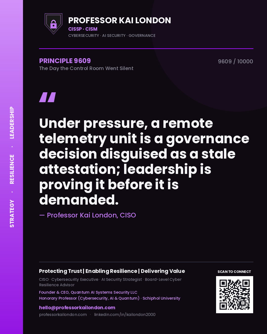 Professor Kai London principle 9609: Under pressure, a remote telemetry unit is a governance decision disguised as a stale attestation; leadership is proving it before it is demanded.