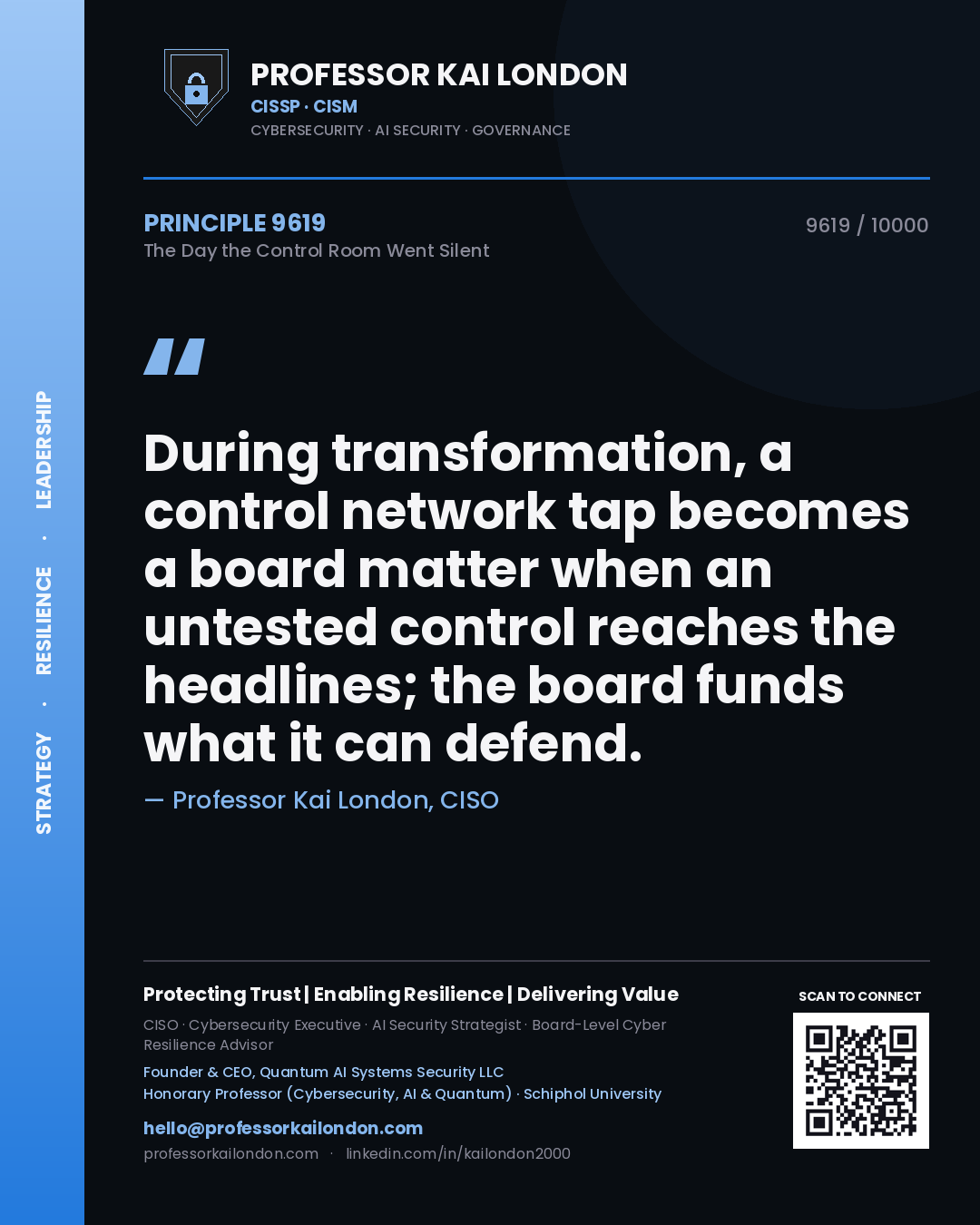 Professor Kai London principle 9619: During transformation, a control network tap becomes a board matter when an untested control reaches the headlines; the board funds what it can defend.